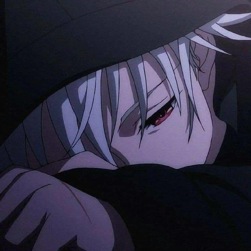 Anime sad boy pfp tired eyes messy hair dark tones