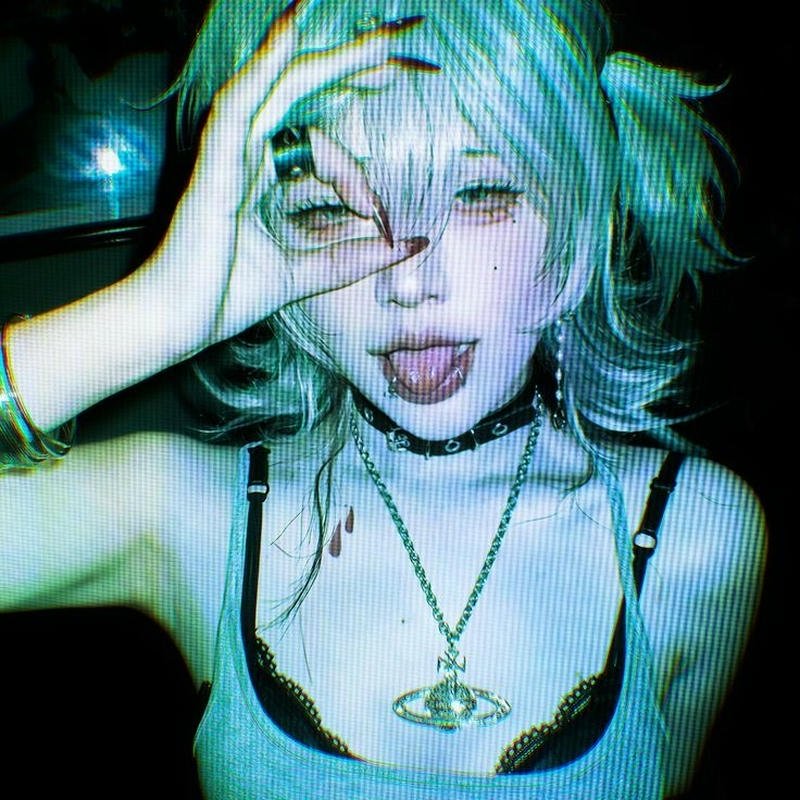 Neon chaotic aesthetic portrait with intense stare crazy pfp