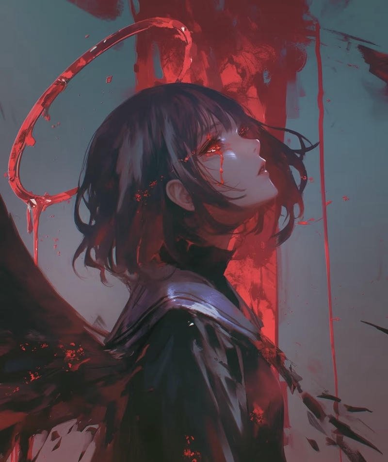 intense anime villain closeup portrait blood stains bloody anime pfp